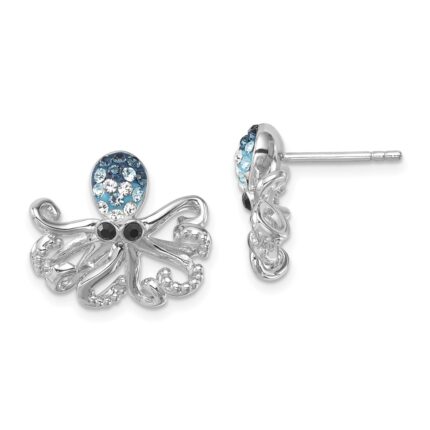 Sterling Silver Rhodium-plated Polished Blue and White Crystal Octopus Post Earrings
