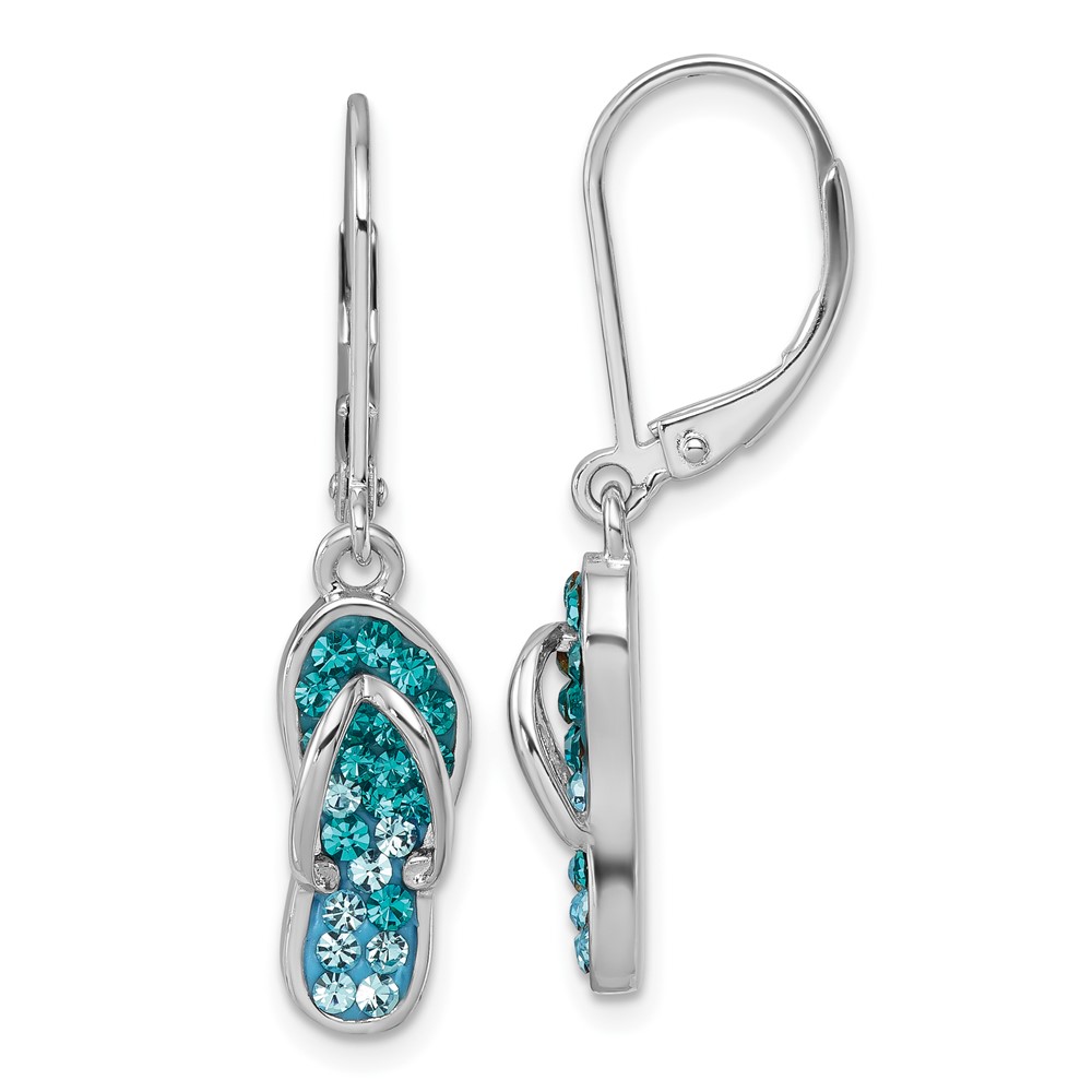IE-971.jpg Sterling Silver Rhodium-plated Polished Blue and White Crystal Flip Flop Dangle Leverback Earrings - Image 1