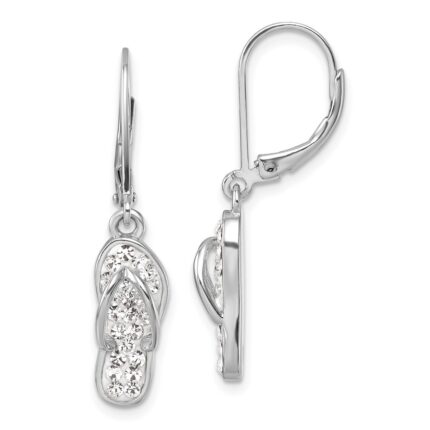 Sterling Silver Rhodium-plated Polished White Crystal Flip Flop Dangle Leverback Earrings