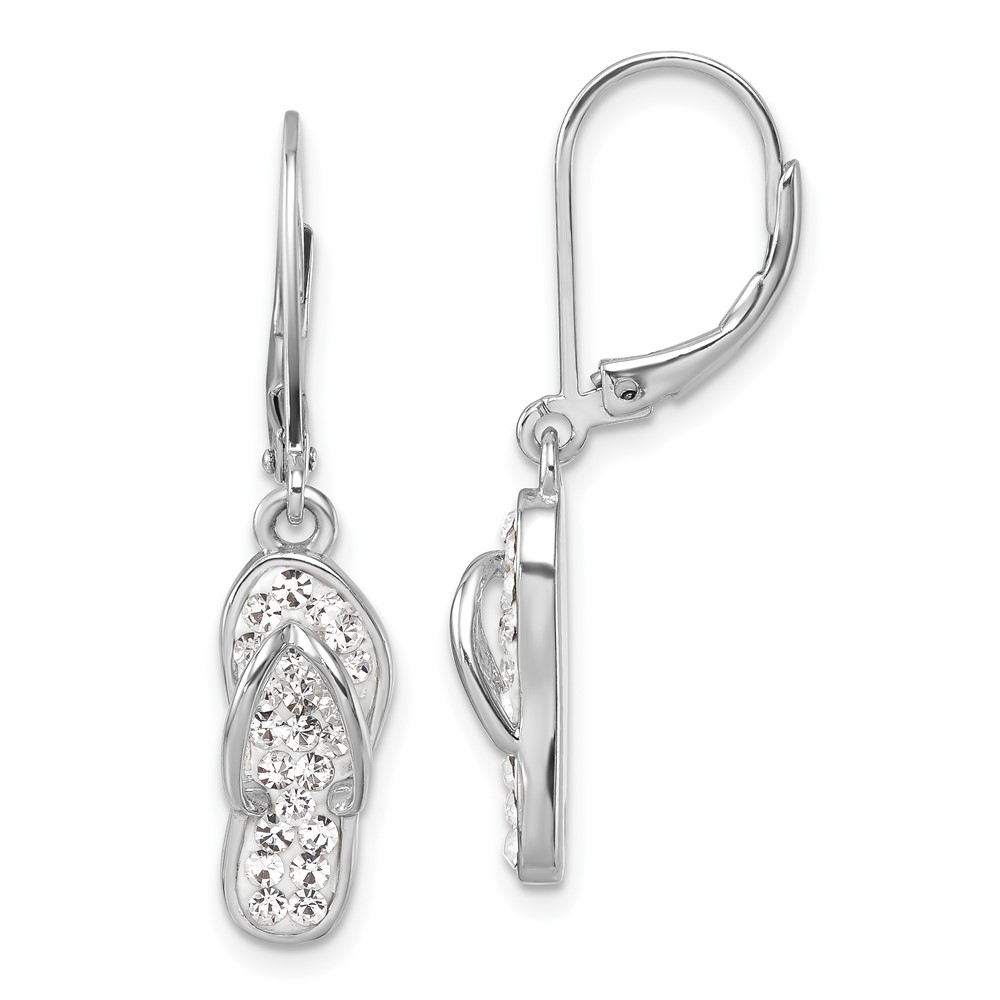 IE-971W.jpg Sterling Silver Rhodium-plated Polished White Crystal Flip Flop Dangle Leverback Earrings - Image 1