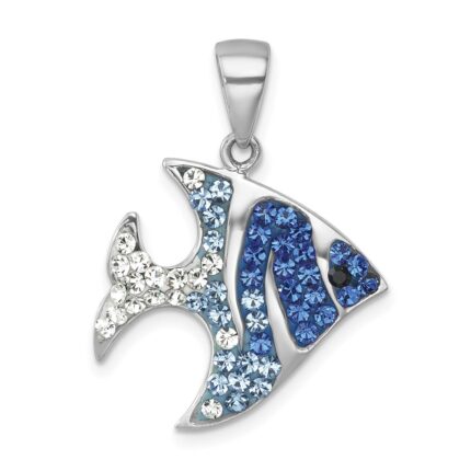 Sterling Silver Rhodium-plated Polished Blue and White Crystal Angel Fish Pendant