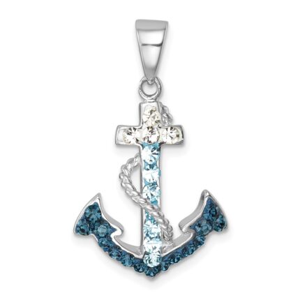 Sterling Silver Rhodium-Plated Polished Crystal Anchor Pendant