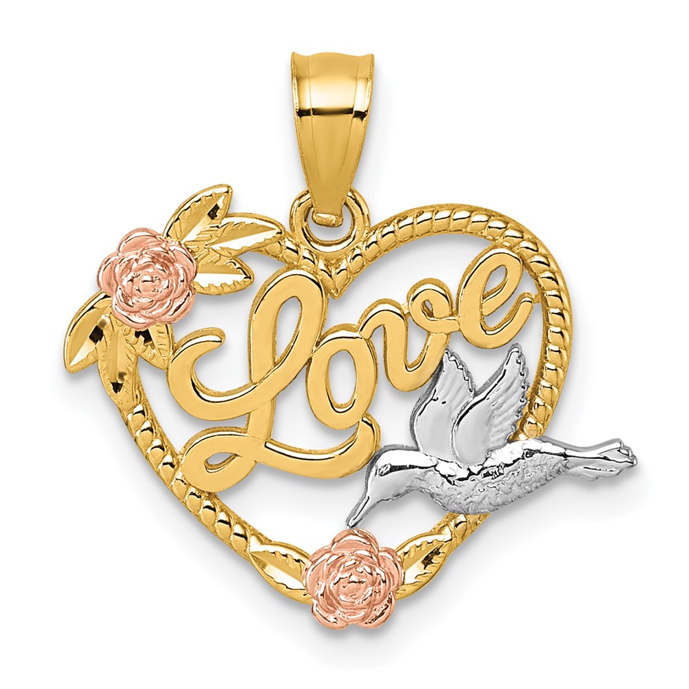 K10005.jpg 14k Two-tone and White Rhodium Polished LOVE Floral And Bird Heart Pendant - Image 1