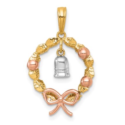 14k Two-tone with Rose-plating Polished Wreath With Dangle Bell Charm