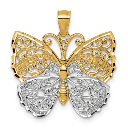 14k and Rhodium Textured Fancy Filigree Butterfly Pendant