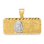 14k Polished with Rhodium Diamond-cut 100 Dollar Bill Pendant
