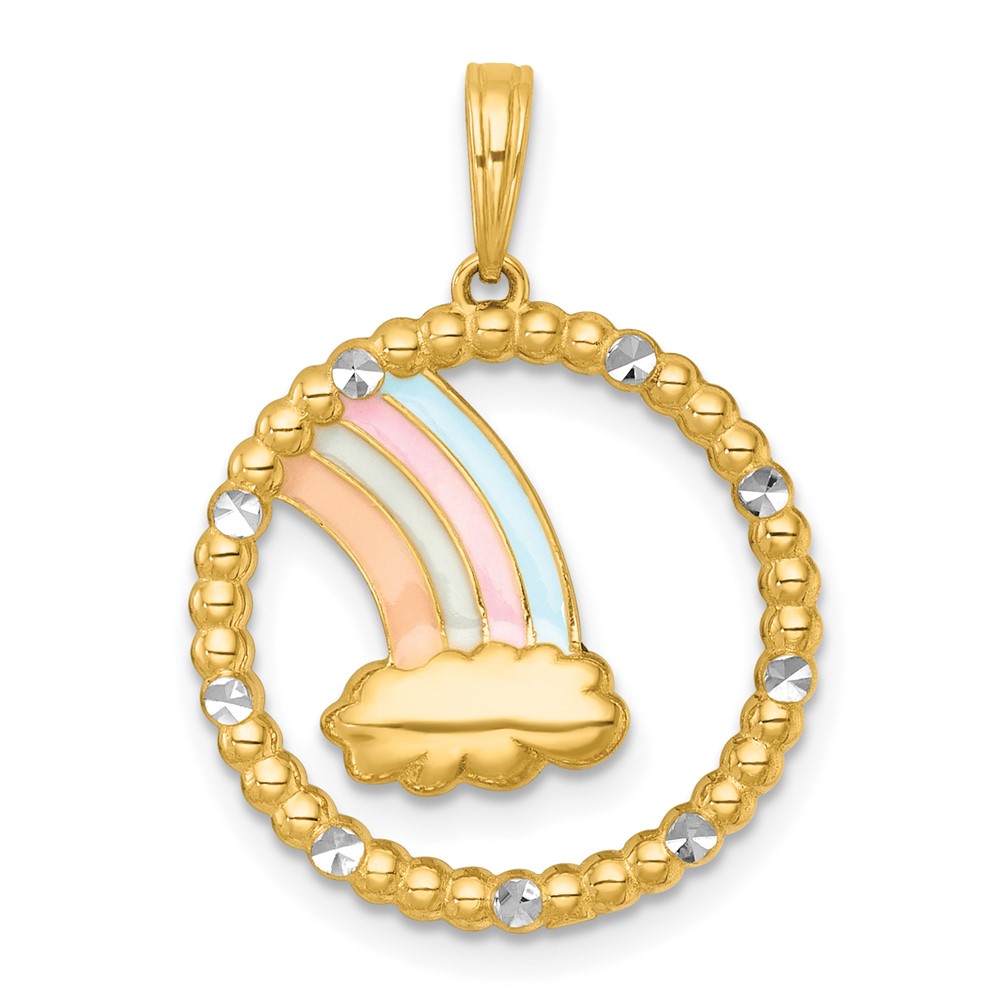 K10052.jpg 14k with White Rhodium Multi Color Enamel Rainbow With Cloud in Circle Charm - Image 1