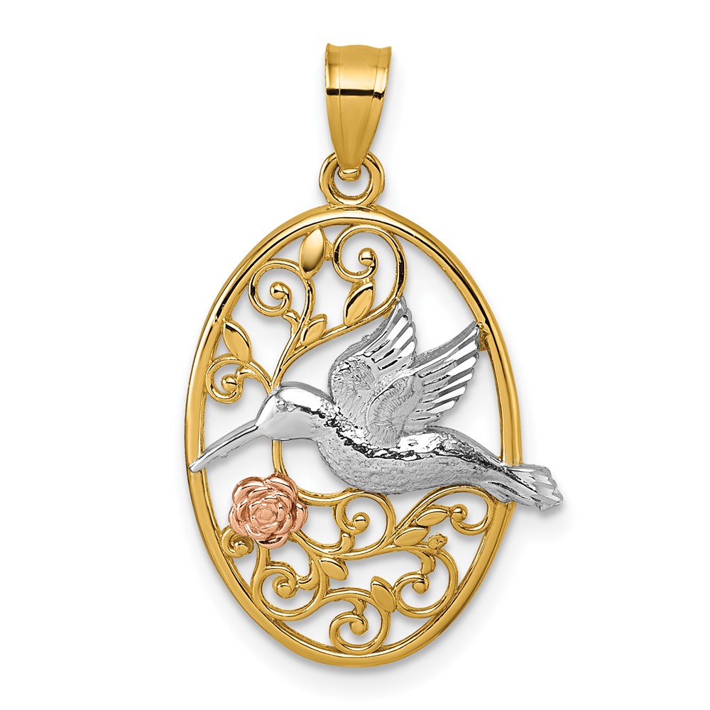 K10053.jpg 14k Two-tone with White Rhodium Polished Hummingbird and Flower Filigree Pendant - Image 1