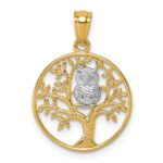 14k and White Rhodium Textured Owl Sitting In Tree In Circle Pendant