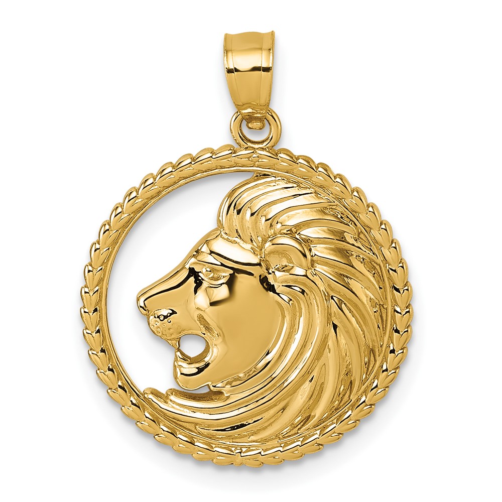 K10061.jpg 14k Polished Lion with Mane in Textured Circle Pendant - Image 1