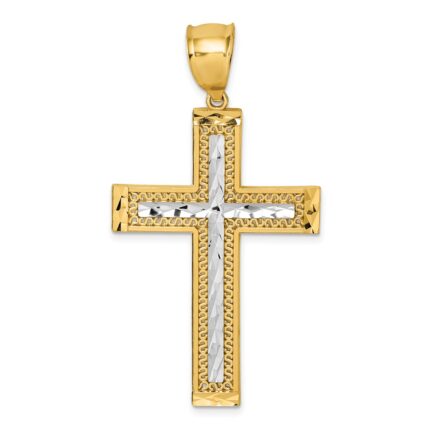 14k and White Rhodium Polished Diamond-cut Textured Fancy Latin Cross Pendant