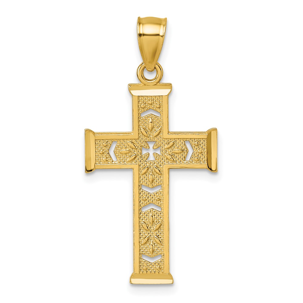 K10081.jpg 14k Polished Diamond-cut Textured Fancy Pierced Design Cross Pendant - Image 1