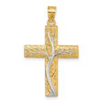 14k and Rhodium Polished Floral Tree with Leaves Hollow Back Cross Pendant