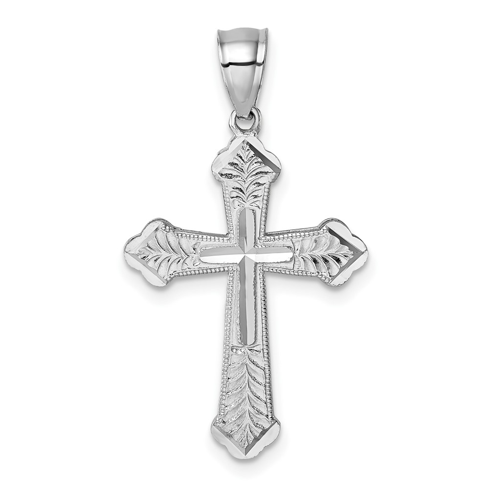 K10088W.jpg 14k Polished White Gold Diamond-cut Fancy Budded Cross Pendant - Image 1