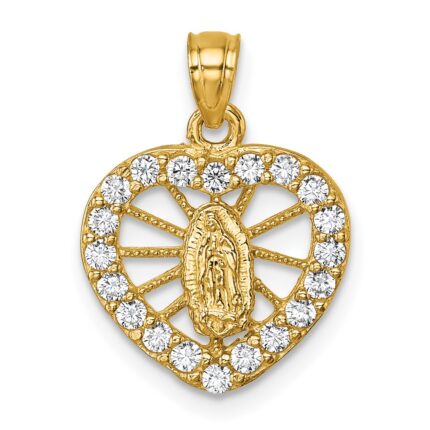 14k Polished CZ Heart Pierced Design Our Lady of Guadalupe Pendant