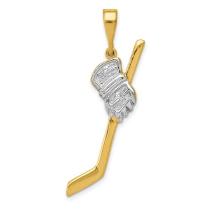 14K and White Rhodium Solid Polished Hockey Stick and Glove Pendant
