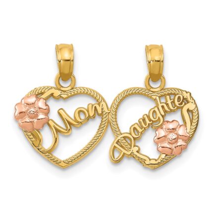 14k Two-tone with Flowers MOM - DAUGHTER 2-Piece Break-apart Hearts Pendant