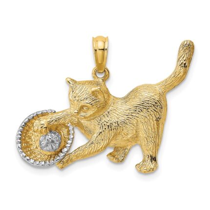 14k and White Rhodium Cat Playing with Yarn in Basket Charm