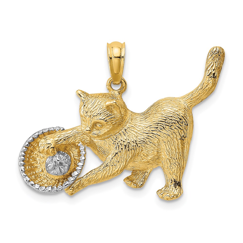 K1987.jpg 14k and White Rhodium Cat Playing with Yarn in Basket Charm - Image 1