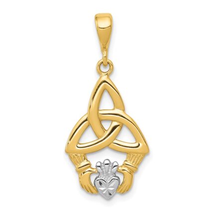14K and White Rhodium Diamond-cut Claddagh Trinity Knot Pendant