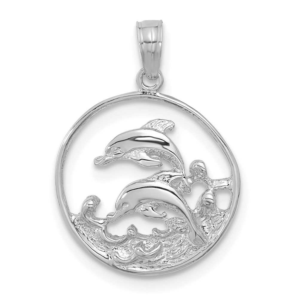 K3018W.jpg 14K White Gold Double Dolphin Circle Pendant - Image 1