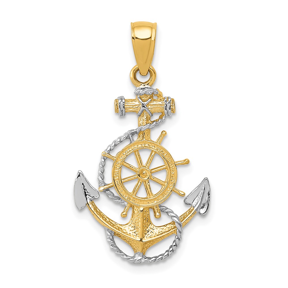 K3079.jpg 14K and White Rhodium Anchor with Rope and Ships Wheel Pendant - Image 1