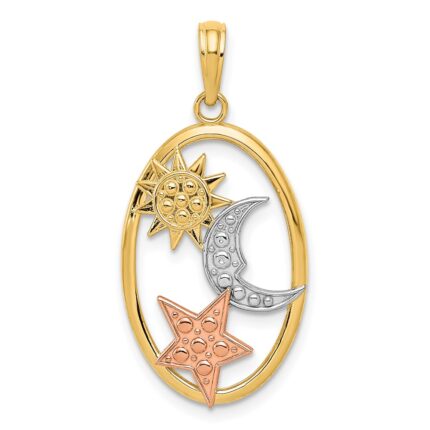 14k Two-tone with White Rhodium Sun/Moon/Star Oval Pendant