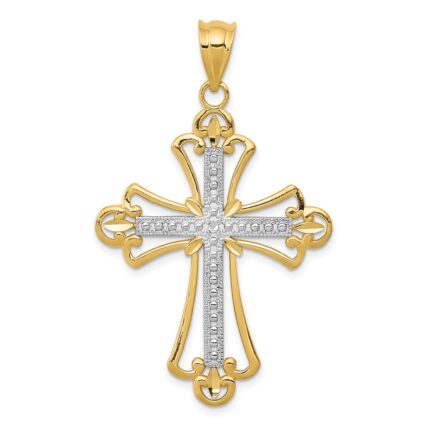 14K and White Rhodium Budded Cross Pendant