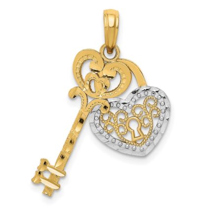 14K and White Rhodium Moveable Filigree Heart Key and Lock Charm