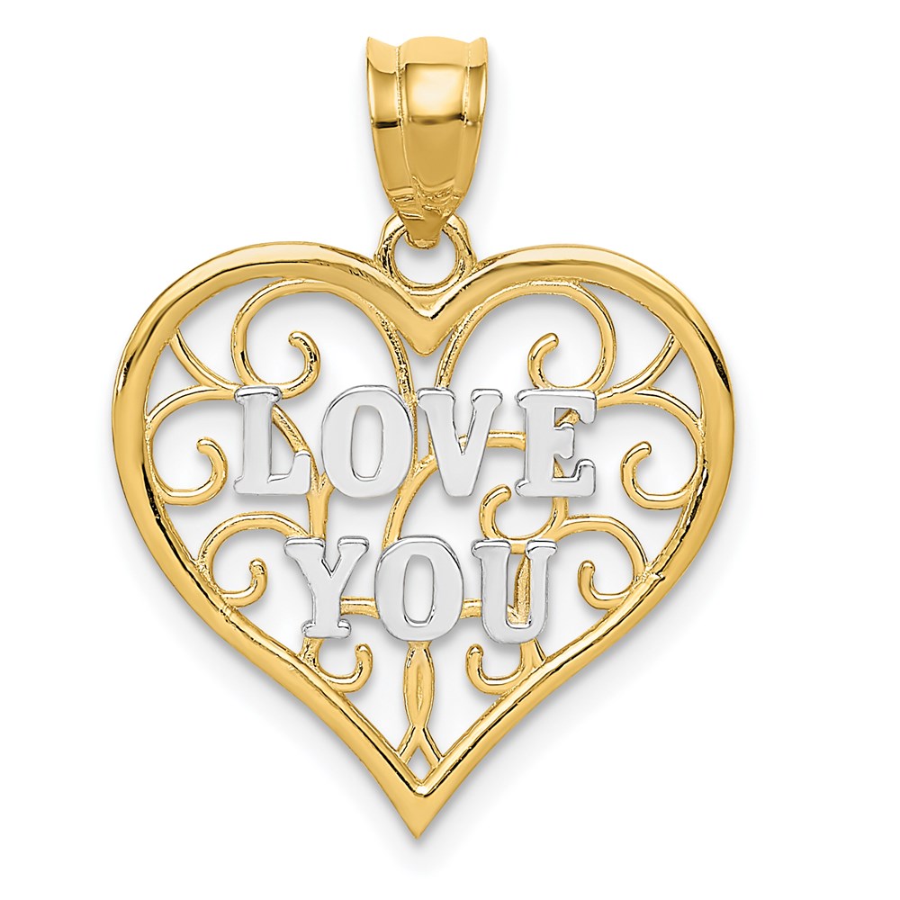 K4709.jpg 14k and White Rhodium Filigree LOVE YOU Heart Pendant - Image 1