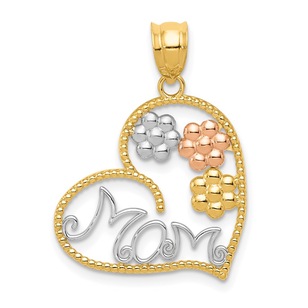 K4728.jpg 14k Tricolor MOM and Flowers Heart Pendant - Image 1