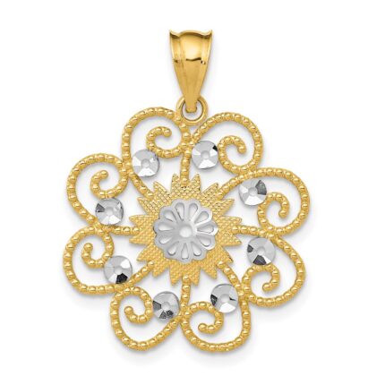 14k and White Rhodium Diamond-cut Swirl Round Pendant