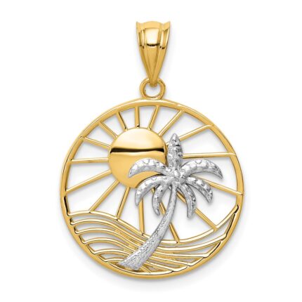 14K Two-tone Sun and Palm Tree in Circle Pendant