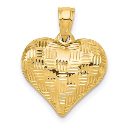 14K Polished Basket Weave Pattern 3-D Puffed Heart Pendant