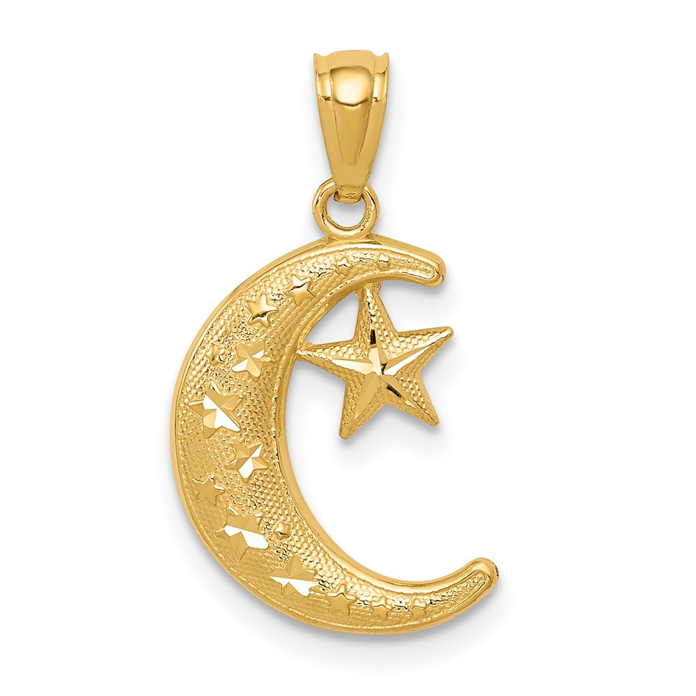 K5305.jpg 14k Gold Polished and Textured Moon and Stars Pendant - Image 1