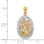 14k Yellow and Rose Gold with White Rhodium Oval 3 Rose Pendant - Image 4