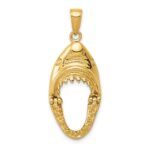 14K Gold Polished 2-D Jaws Shark Head Mouth Opens Pendant