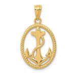 14k Gold Polished Anchor with Rope Oval Pendant