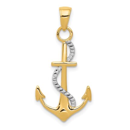 14K Two-tone Polished Anchor with Rope Pendant