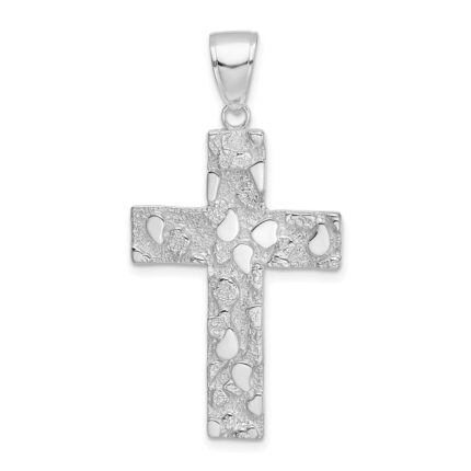 14K White Gold Polished Textured Nugget Style Cross Pendant