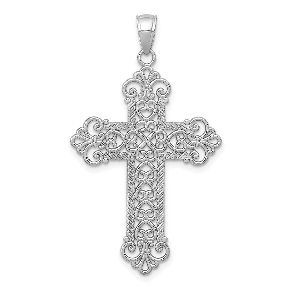 K5456W.jpg 14K White Gold Polished Large Rope Frame Filigree Cross Pendant - Image 1