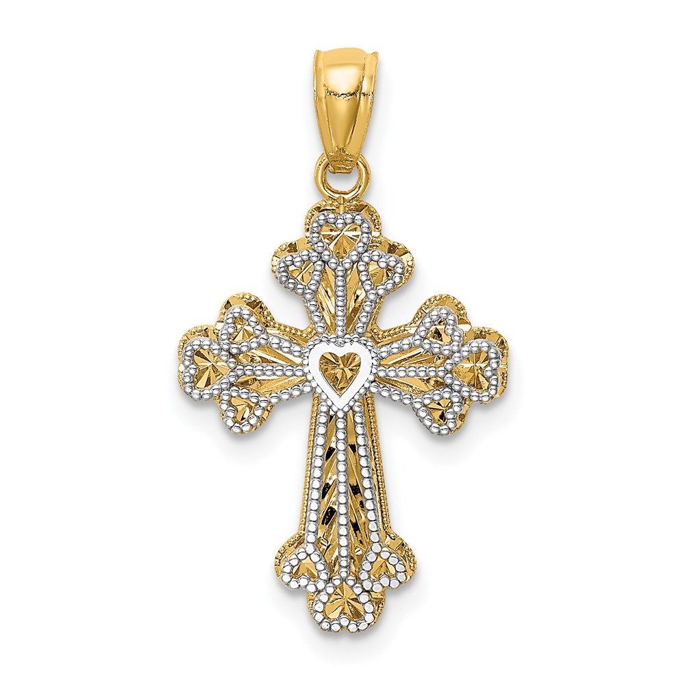 K5503.jpg 14K Two-tone Polished Filigree 2 Level Heart Cross Pendant - Image 1