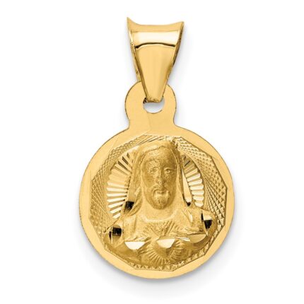 14K Polished Diamond-cut Solid Sagrado Corazon de Jesus Round Pendant