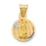 14K with Rose and White Rhodium Polished Diamond-cut Solid Our Lady Of Guadalupe Round Pendant