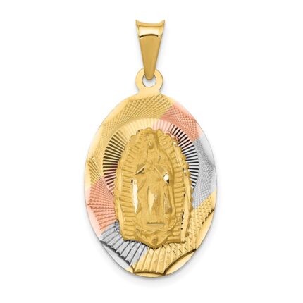 14K with Rose and White Rhodium Diamond-cut Solid Our Lady Of Guadalupe Oval Pendant