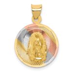 14K with Rose and White Rhodium Polished Diamond-cut Solid Our Lady Of Guadalupe Round Pendant