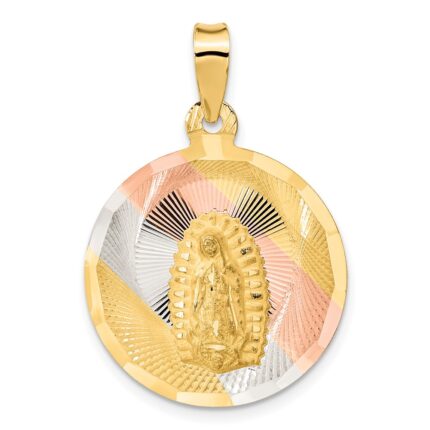 14K with Rose and White Rhodium Polished Diamond-cut Solid Large Our Lady Of Guadalupe Round Pendant