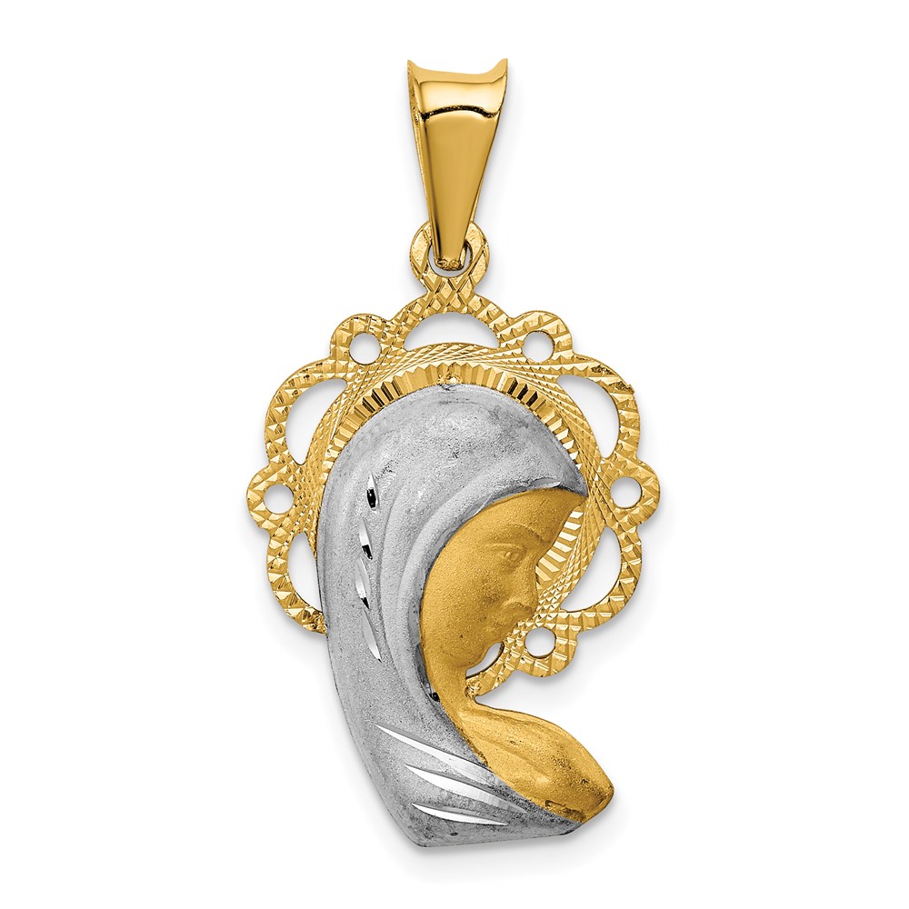 K5651.jpg 14K and White Rhodium Satin And Polished Diamond-cut Virgin Mary Scalloped Edge Pendant - Image 1