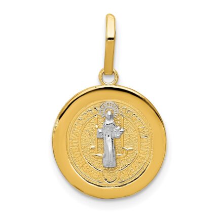 14k and White Rhodium Solid St. Benedict Medal Round Pendant