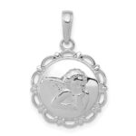 14K White Gold Polished Angel Cherub on Round Scallop Frame Pendant